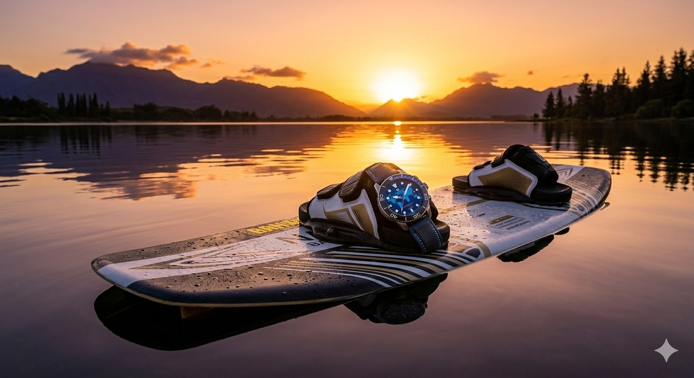 Prompt for Nano Banana2: A sleek modern wakeboard floating on a calm lake at sunset, warm golden hour lighting reflecting on the water surface, majestic mountains in the background, highly detailed.